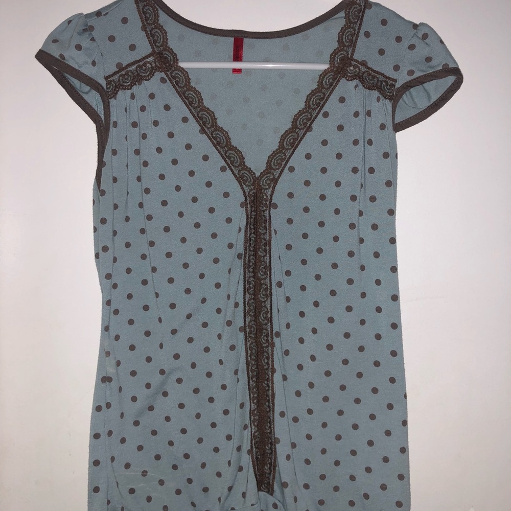 Blue and Brown Polkadot and Lace Top